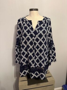 crown & ivy Navy and White Patterned Blouse
